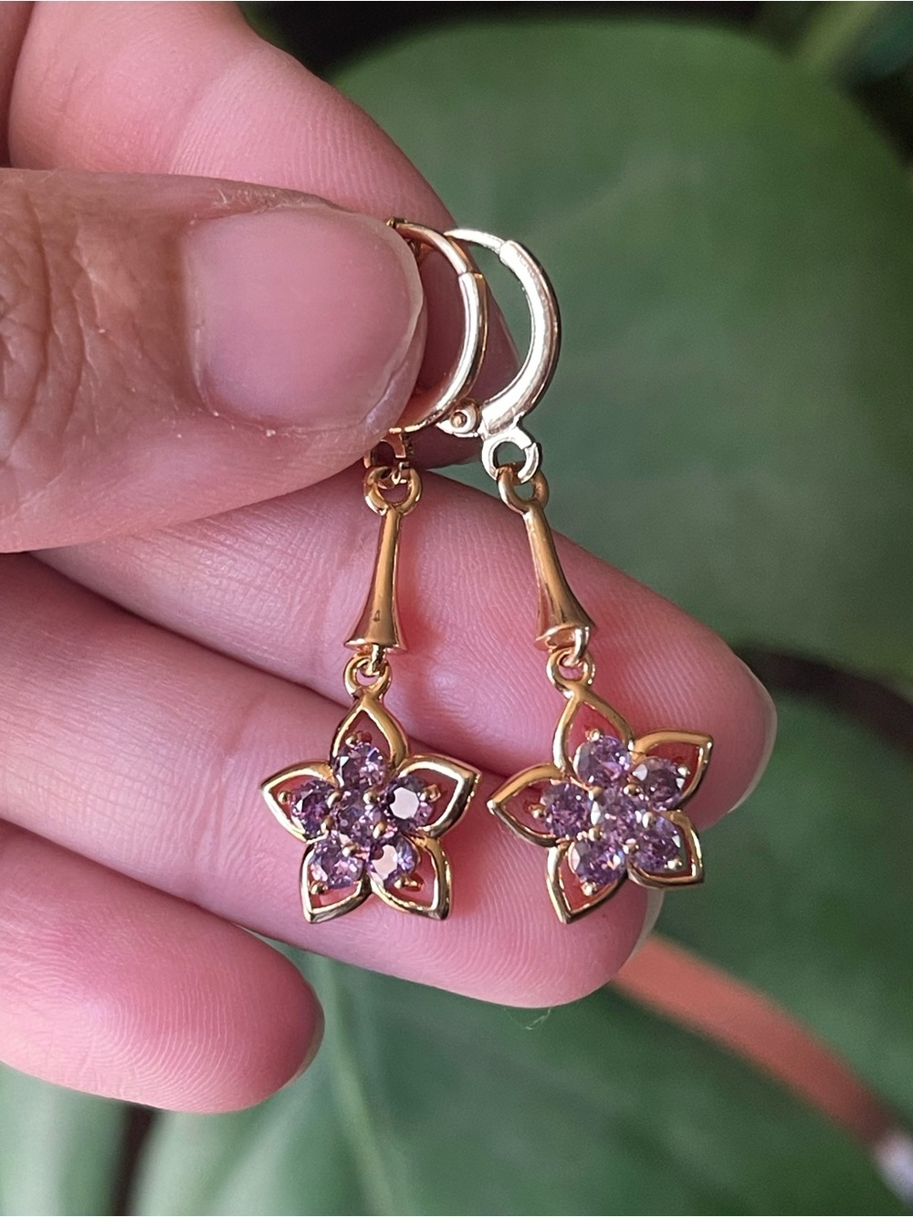 Gold Floral Drop Earrings with Purple Stones